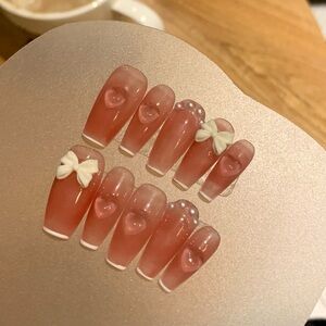 Press-on nails pink 3D heart bow